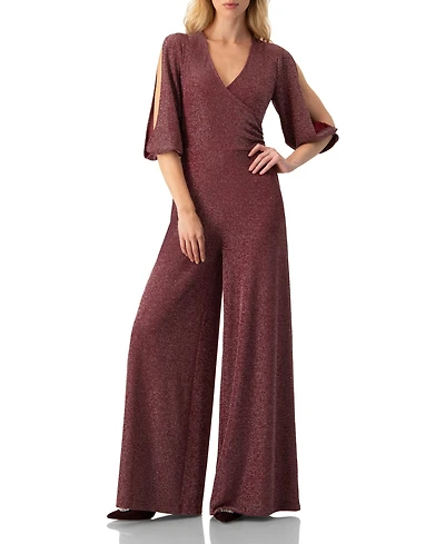 Ivonne Women's Shimmering V-Neck Jumpsuit with 3/4 Sleeves