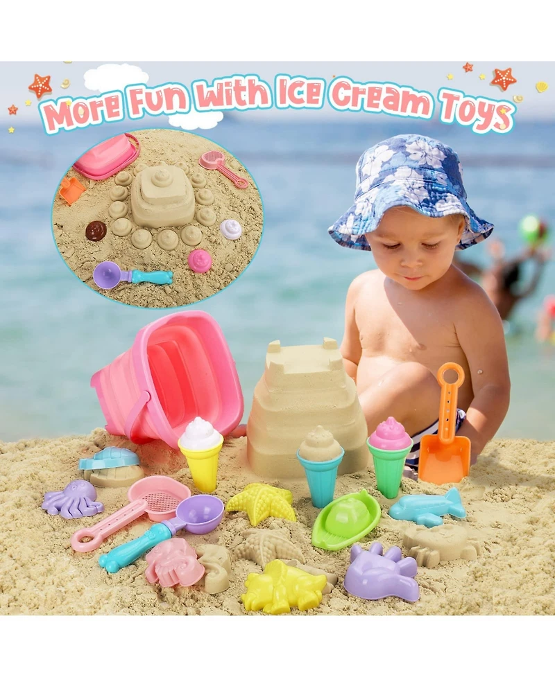 Gnuadz 24-piece Beach Toys Ice Cream Sand Bucket Shovels Kids Travel Bag