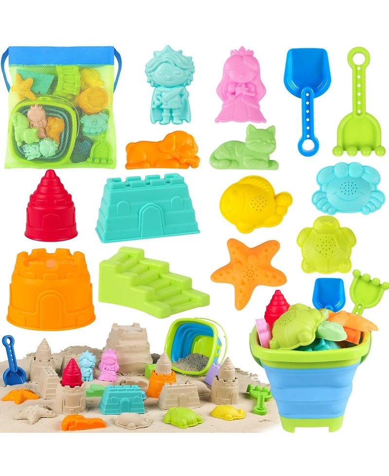 Gnuadz 16-piece Collapsible Beach Toys Foldable Sand Bucket Shovels Mesh Bag Castle Kit