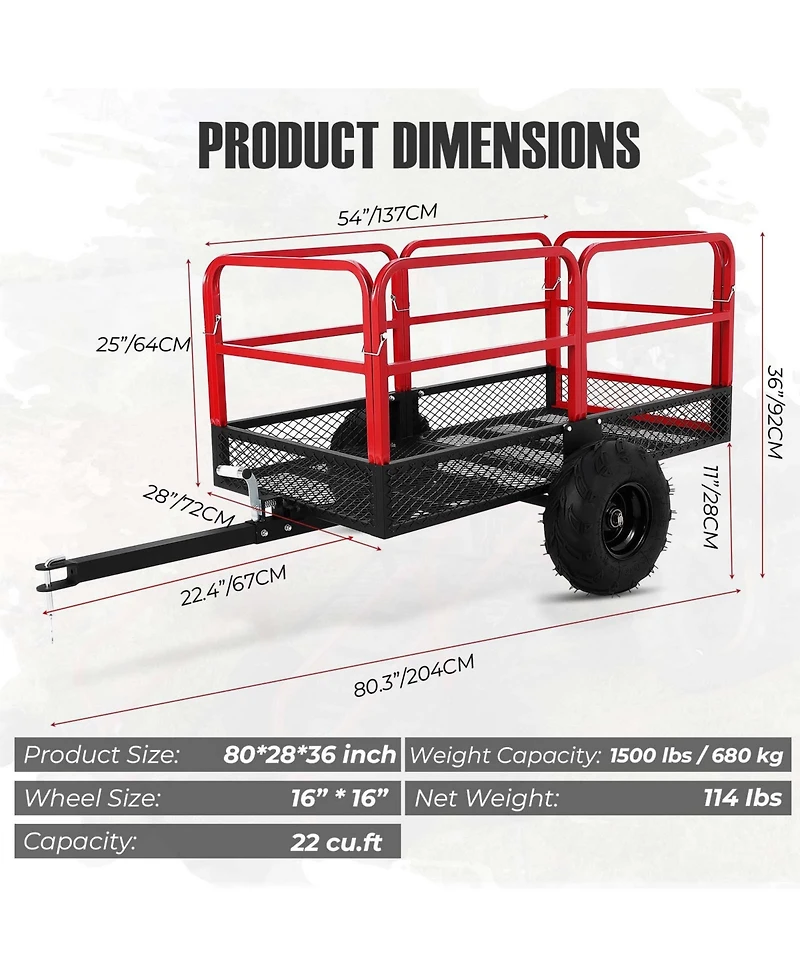 homfan Heavy-Duty Atv Dump Cart w/ 1600 lb Capacity and , Tow-Behind Utility Trailer Foot Pedal Release and All-Terrain Tires