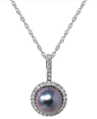 Macy's Cultured Tahitian Pearl (8mm) & Diamond (1/8 ct. t.w.) Pendant Necklace in 14k White Gold