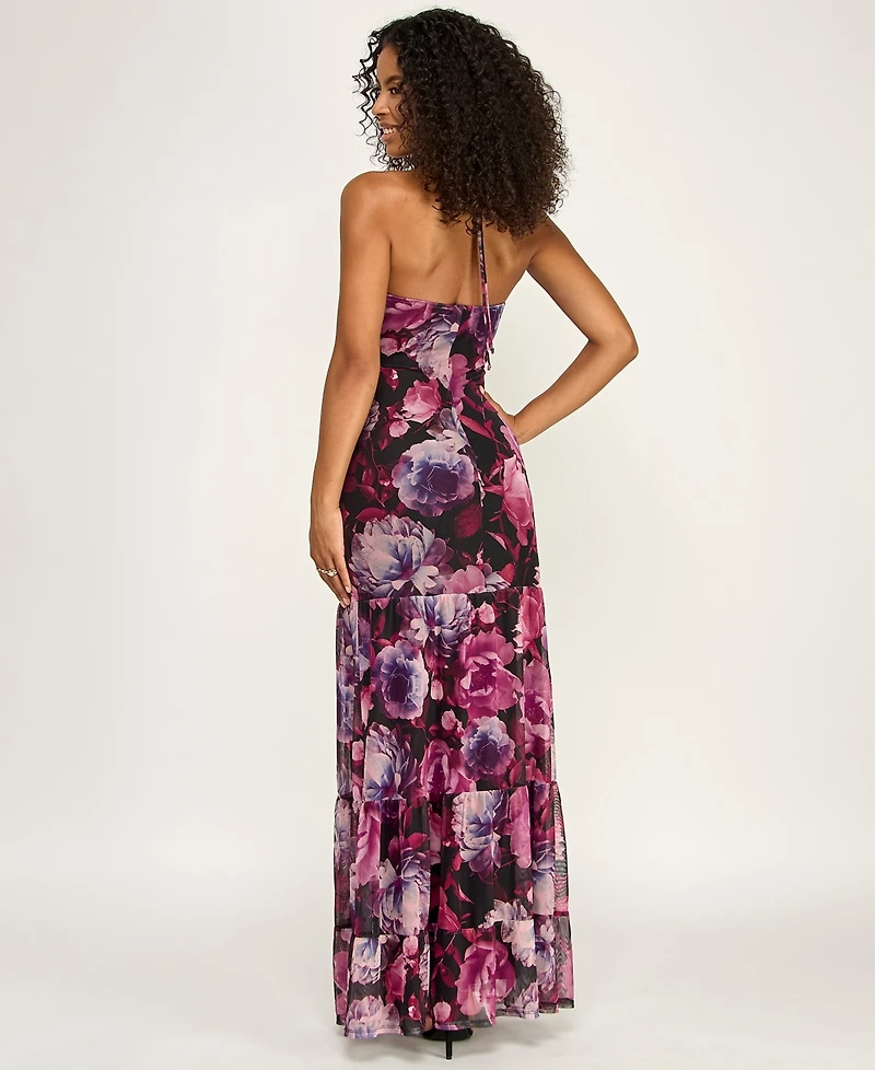 Emerald Sundae Juniors' Printed Mesh Halter Dress
