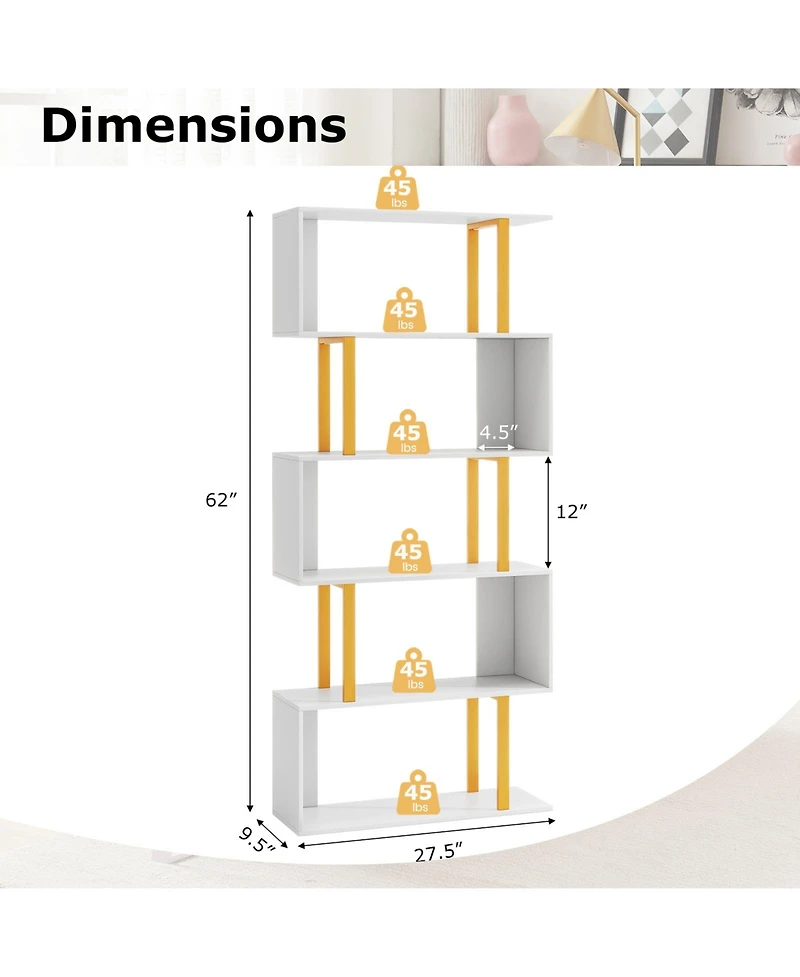 Gymax 2 Pieces 5 Tier Geometric Bookcase 62 Inch S Shaped Bookshelf with Metal Frame