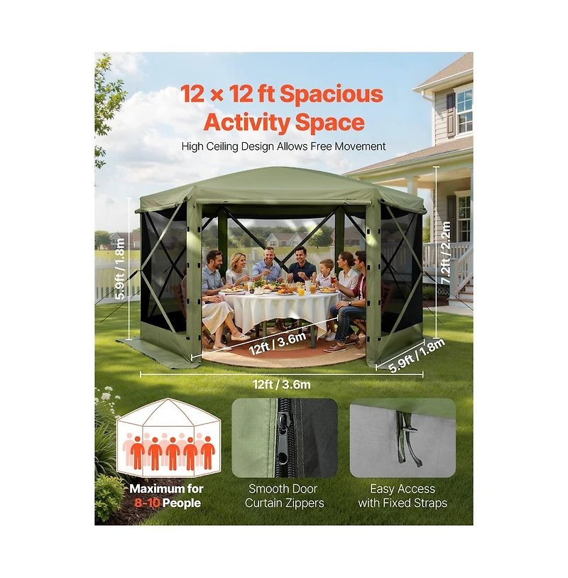 Sugift Pop up Gazebo Screen Tent 12 x 12 ft Large 6-Sided Camping Canopy Tent with Removable Top