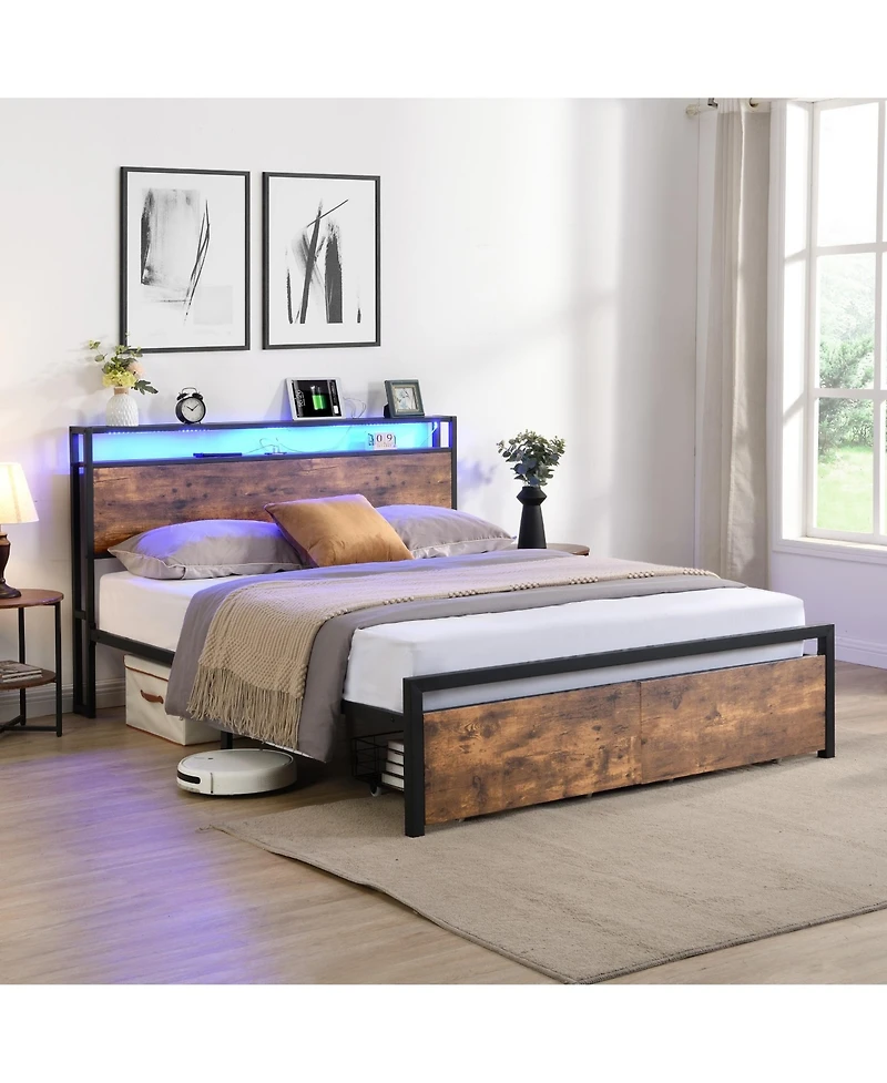 Boyel Living Queen Size Industrial Bed Frame with Storage Headboard Led Lights Charging Station and 2 Underbed Drawers