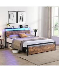 Boyel Living Queen Size Industrial Bed Frame with Storage Headboard Led Lights Charging Station and 2 Underbed Drawers
