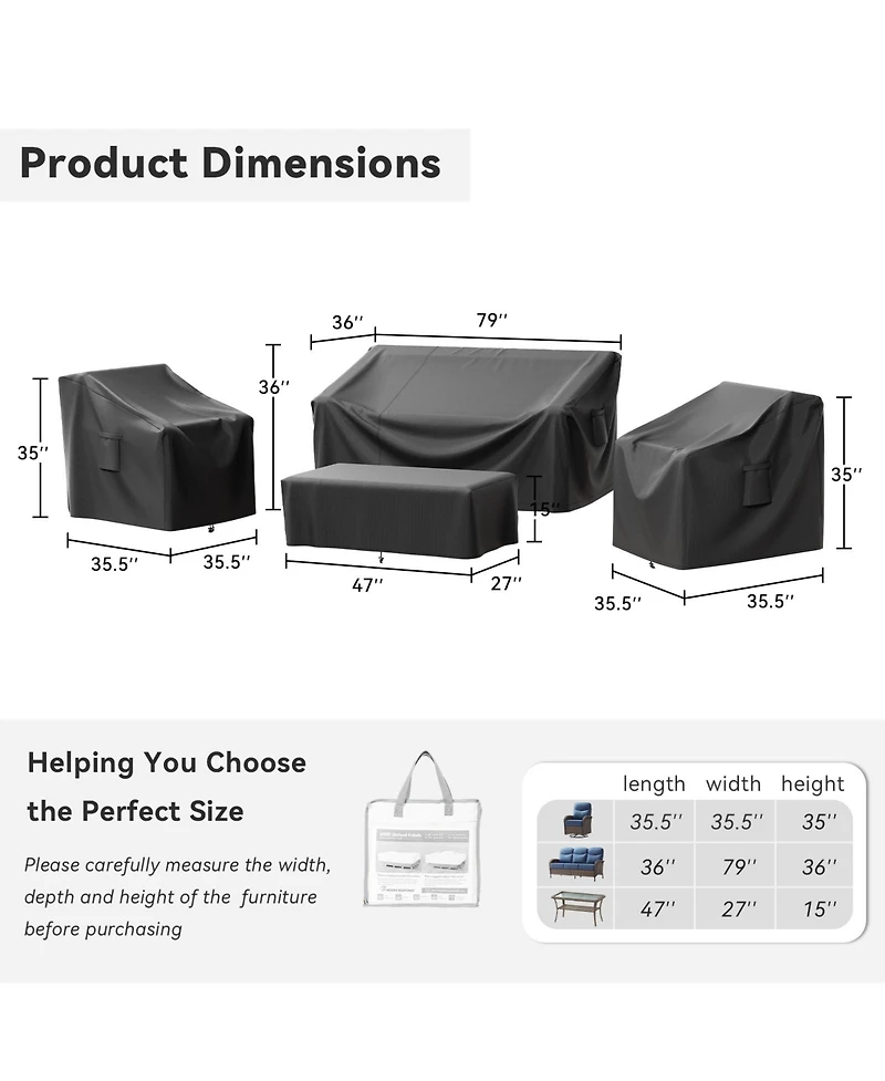 Pocassy Outdoor Furniture Cover Waterproof 4 Piece Patio Furniture Set Cover for Outside Couch, Lawn Chairs, Coffee Table, Windproof with Buckle Strap