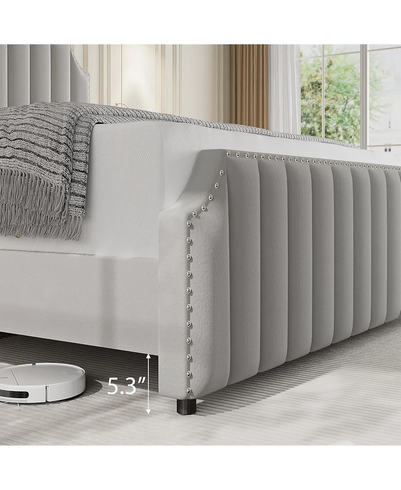 gaomon Queen Platform Bed, 52" Velvet Headboard with Nailhead Trim, Wood Slats, No Box Spring Needed