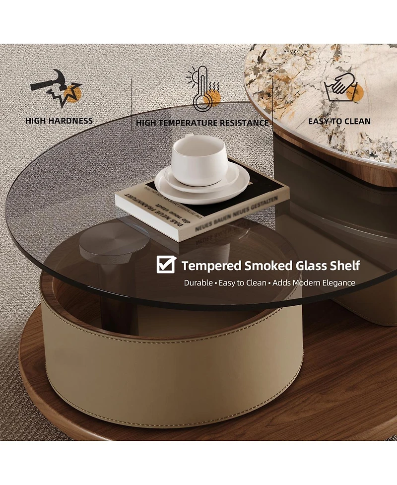 Streamdale Furniture Round Coffee Table Set with Storage, Rotating Wheels, Wooden Base