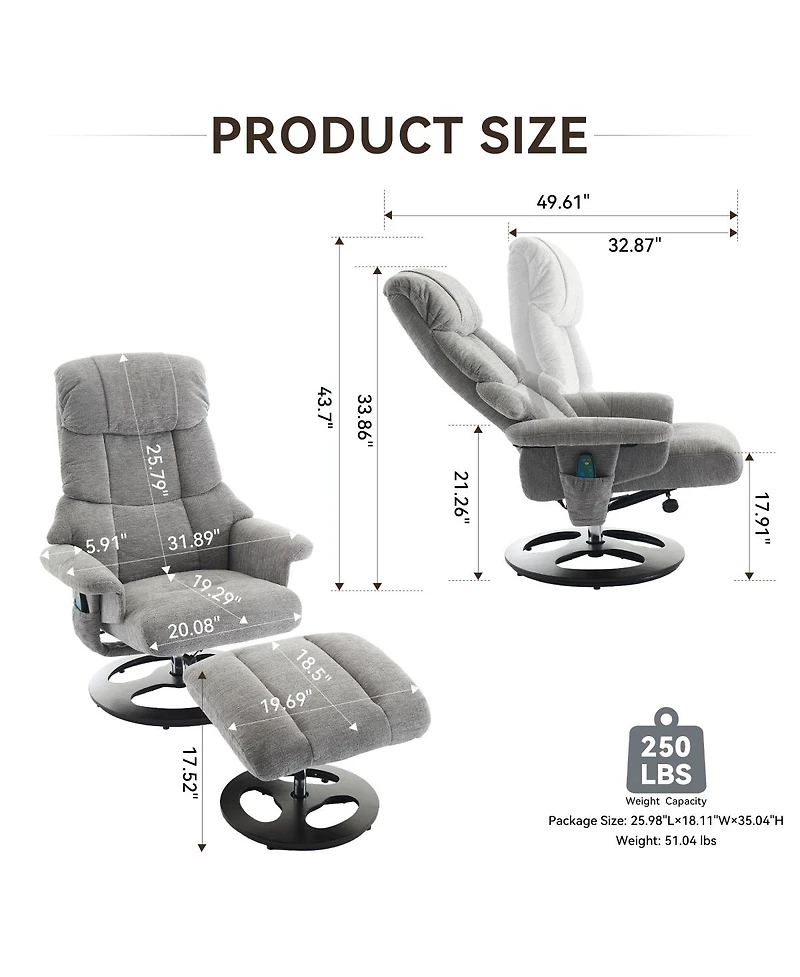 Streamdale Furniture Ergonomic Swivel Recliner Chair with Ottoman, Massage, Heat.