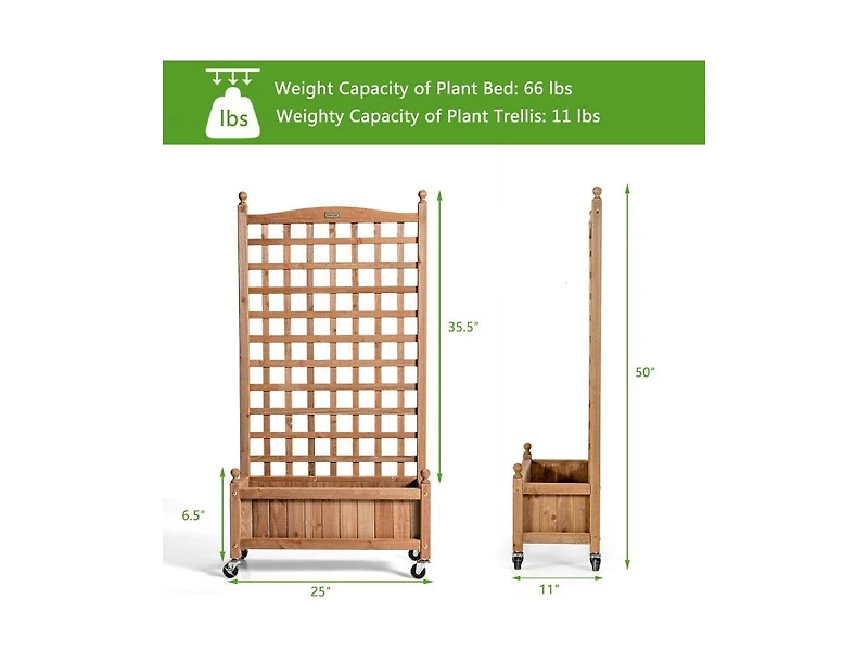 Lucky One 50 Inch Wooden Planter Box with Trellis and Wheels, Raised Garden Bed