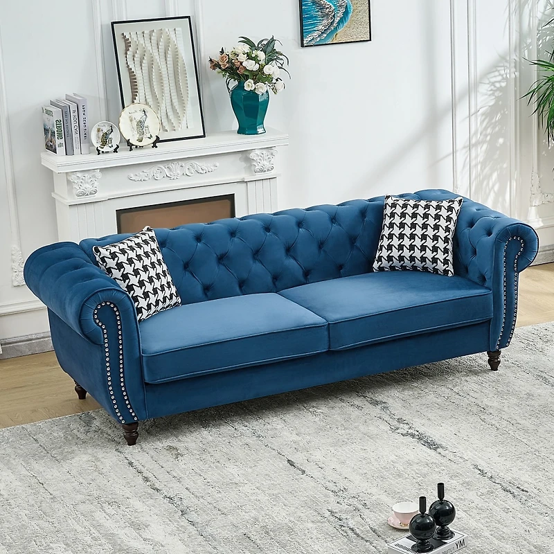 Streamdale Furniture 85" Velvet Chesterfield Sofa with Roll Arm and Nailhead