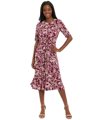 London Times Women's Crewneck Fit and Flare Midi Dress