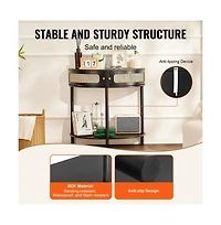 Sugift Half-Moon Rattan Console Table with Two Drawers and Sliding Door Storage Cabinet