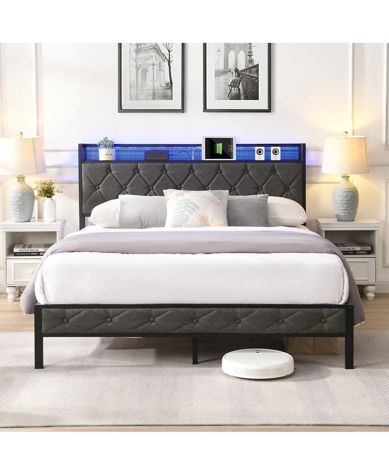 Boyel Living Full Size Upholstered Platform Bed with Led Headboard Charging Station and Noise Free Metal Slats