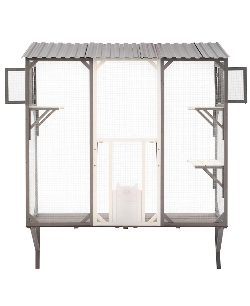 Aostirmotor Outdoor Catio Window Cat Enclosure, Grey and White Cat Climbing Patio with Platforms, Secure Outdoor Cat House for 1-3 Cats