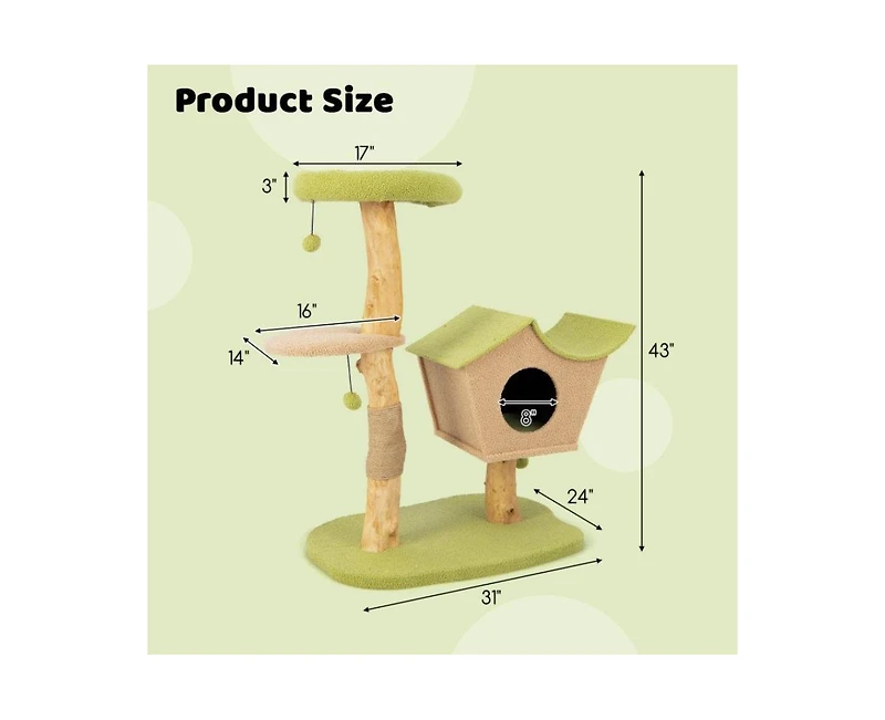 Aostirmotor 43" Wooden Cat Tree with Padded Top Perch for Indoor Cats