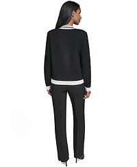 Karl Lagerfeld Paris Petite Open-Front Long-Sleeve Knit Cardigan with Contrast Trim