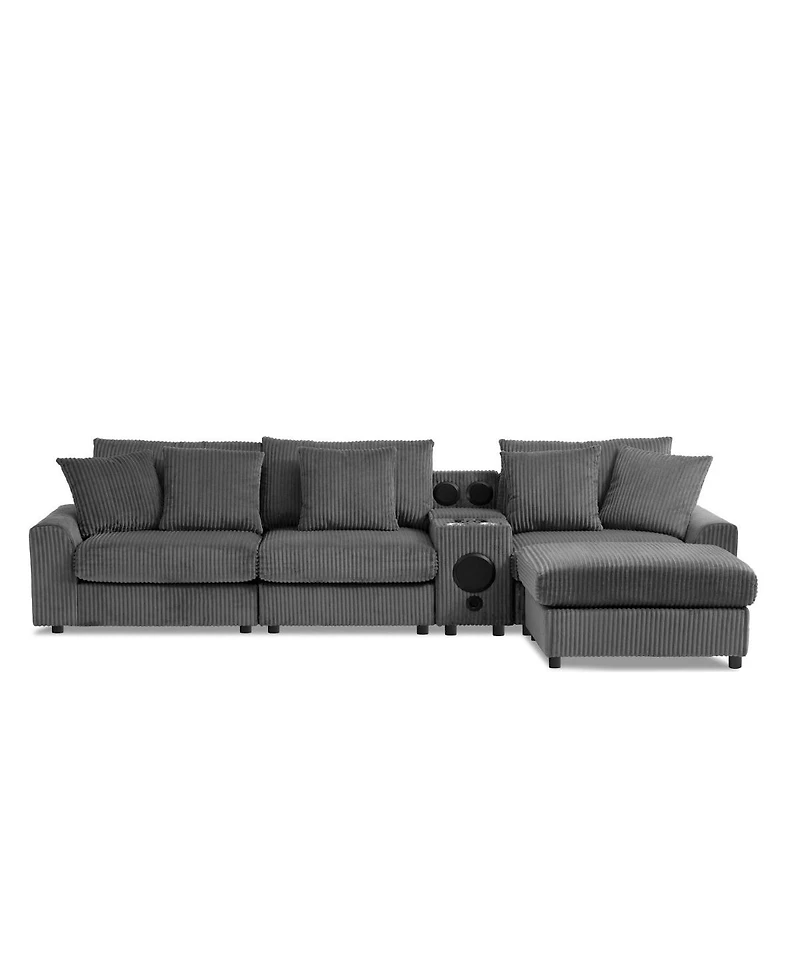Streamdale Furniture Corduroy Sectional Sofa with Bluetooth, Usb, Cup Holders, Storage, Ottoman, Cloud Seat