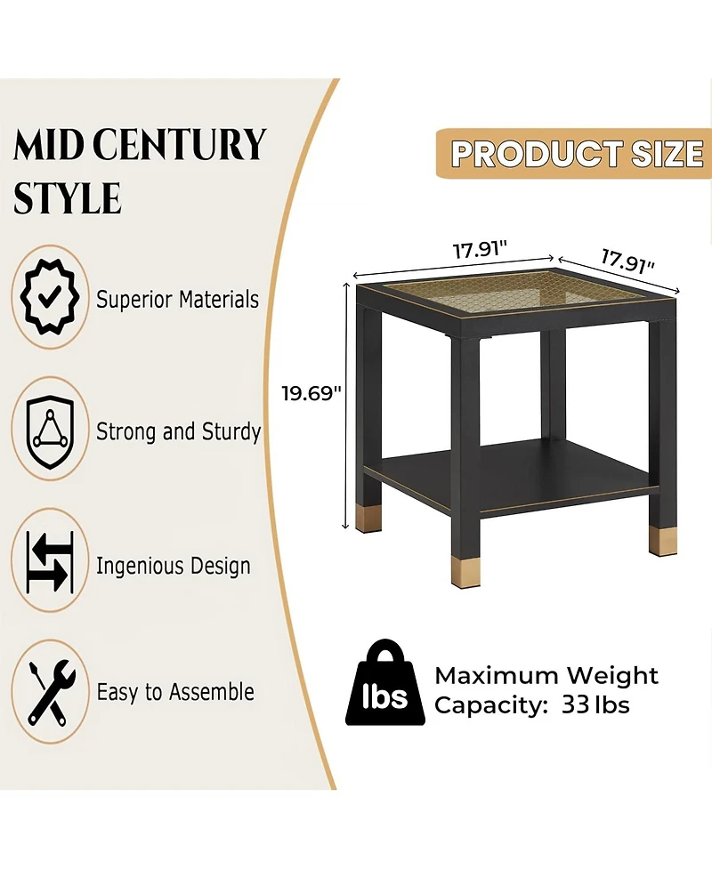 Streamdale Furniture Boho 2-Tier Side Table with Glass Top and Shelf