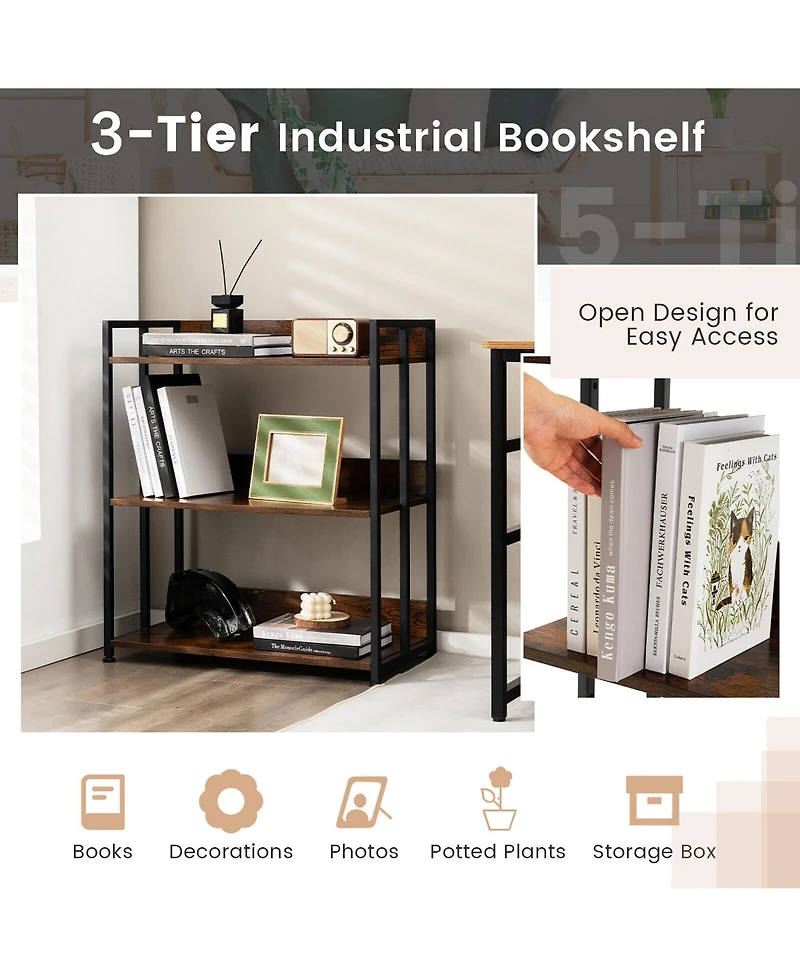 Gymax 3-Tier Industrial Bookshelf Storage Shelf Display Rack with Adjustable Shelves
