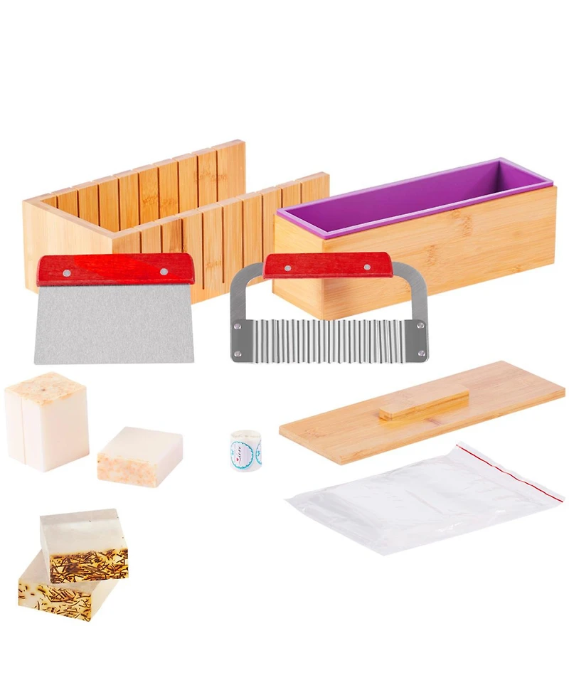 Yobtop Soap Making Kit Bamboo Cutting Box with Silicone Mold, Stainless Steel Straight and Wavy Cutters, 100 Bags and 105 Stickers Diy Supplies