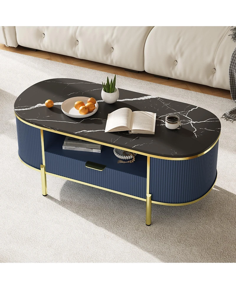 homfan Modern Oval Fluted Coffee Table, Faux Marble Top, 2-Tier Storage Shelf, Drawer, Metal Legs, Elegant Center Table for Living Room, Apartment