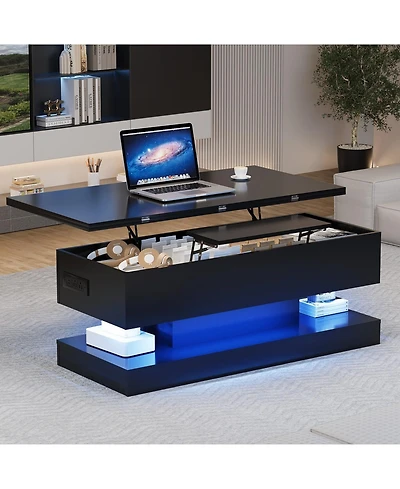 homfan 47.2 Inch Large Lift Top Coffee Table Modern High Glossy Led Storage with App Control for Living Room Dining Home Office