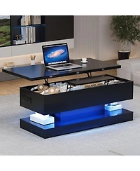 homfan 47.2 Inch Large Lift Top Coffee Table Modern High Glossy Led Storage with App Control for Living Room Dining Home Office