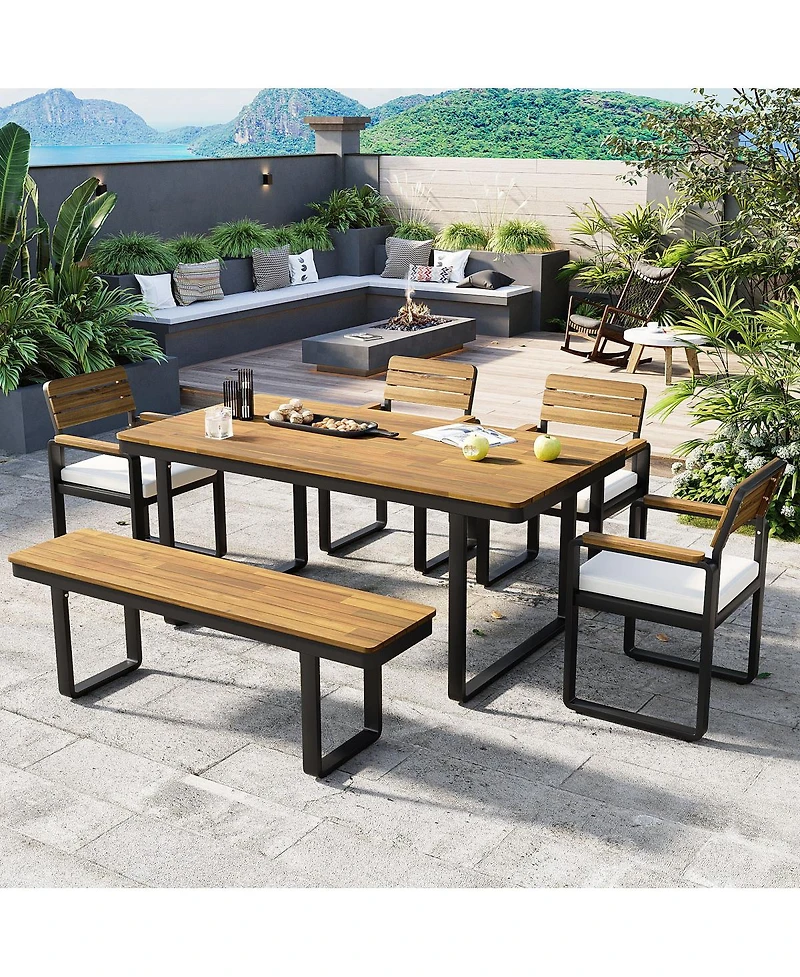 Streamdale Furniture 6-Piece Acacia Wood Outdoor Dining Set with Cushions, Table, Chairs and Bench