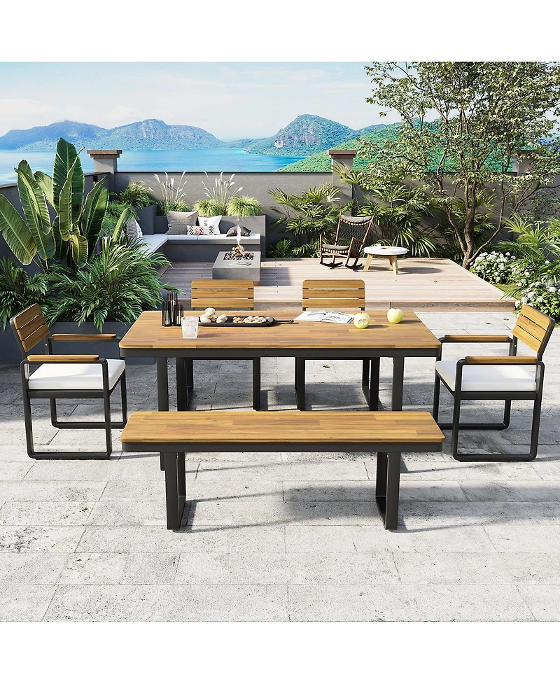 Streamdale Furniture 6-Piece Acacia Wood Outdoor Dining Set with Cushions, Table, Chairs and Bench
