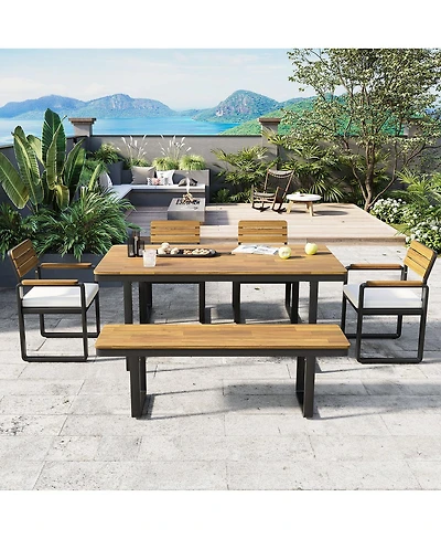 Streamdale Furniture 6-Piece Acacia Wood Outdoor Dining Set with Cushions, Table, Chairs and Bench