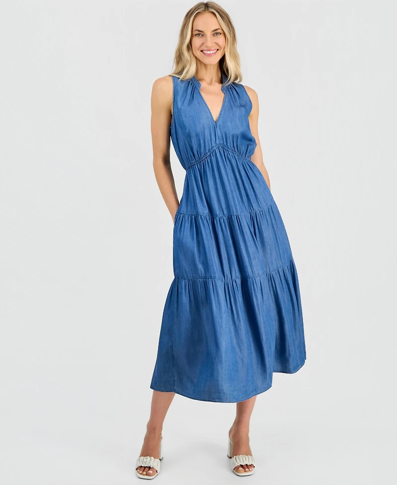 Robbie Bee Women's V-Neck Sleeveless Tiered Midi Dress