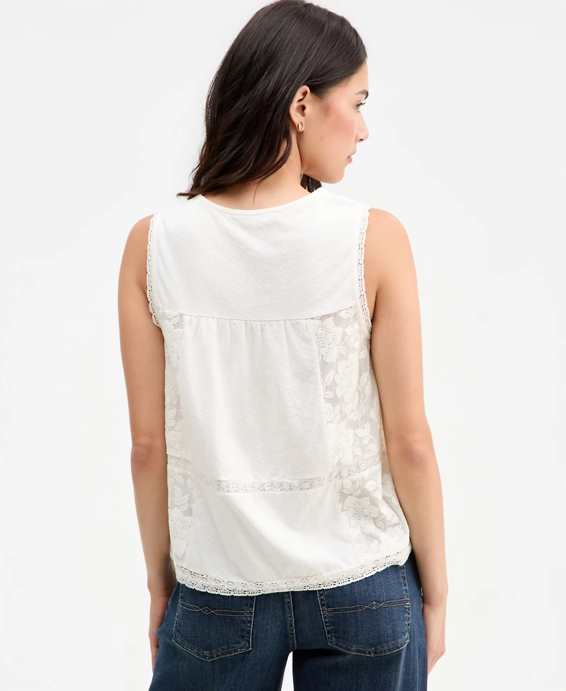Lucky Brand Women's Embroidered-Yoke Lace-Inset Top