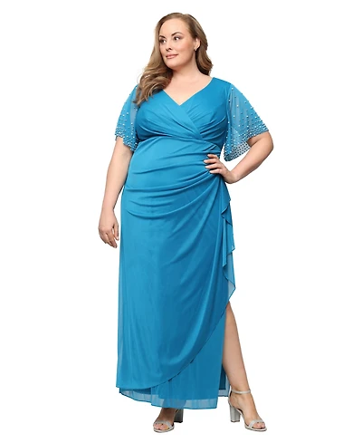 Alex Evenings Plus Embellished-Sleeve Draped Chiffon Gown