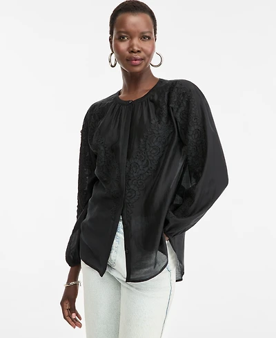 I.n.c. International Concepts Women's Long Sleeve Lace-Trim Blouse, Macy's Exclusive