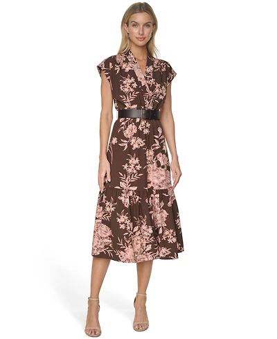 Calvin Klein Women's V-Neck Belted Midi Dress