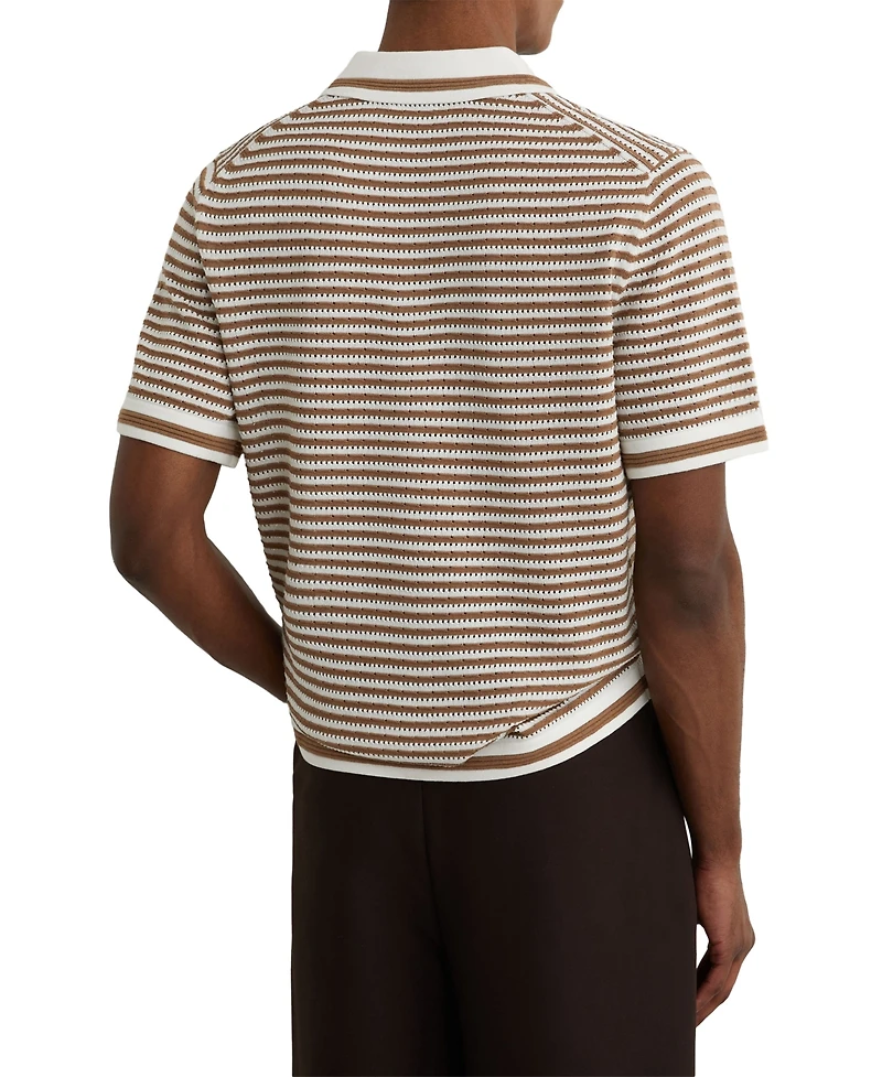 Reiss Men's Carl Ford Textured Stripe Linen Blend Open Neck Polo Shirt