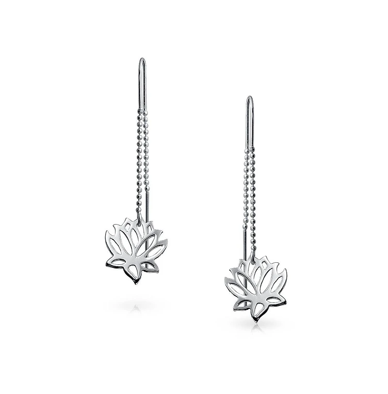 Bling Jewelry Spiritual Zen Lotus Flower Earrings .925 Sterling Silver Long Chain Threader Stabilizing U Hook