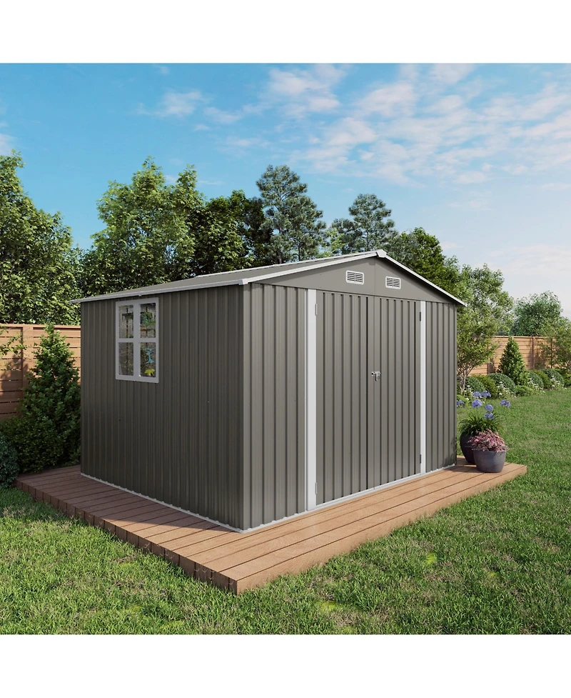 Mondawe 10 x 8 Feet Outdoor Metal Storage Shed with Double Door, Window and Vent, Lockable Garden Tool Shed