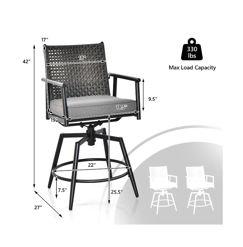 Boyel Living 360 Degree Swivel Bar Stool Set of 2 with Metal Frame and Pe Rattan Backrest
