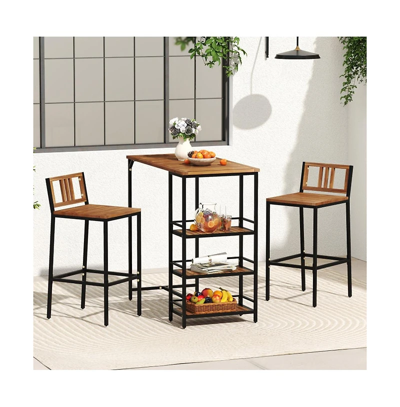 Boyel Living 3 Pieces Outdoor Wood Bar Set with 3-Tier Storage Shelf and Metal Frame