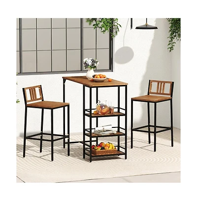 Boyel Living 3 Pieces Outdoor Wood Bar Set with 3-Tier Storage Shelf and Metal Frame