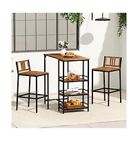 Boyel Living 3 Pieces Outdoor Wood Bar Set with 3-Tier Storage Shelf and Metal Frame
