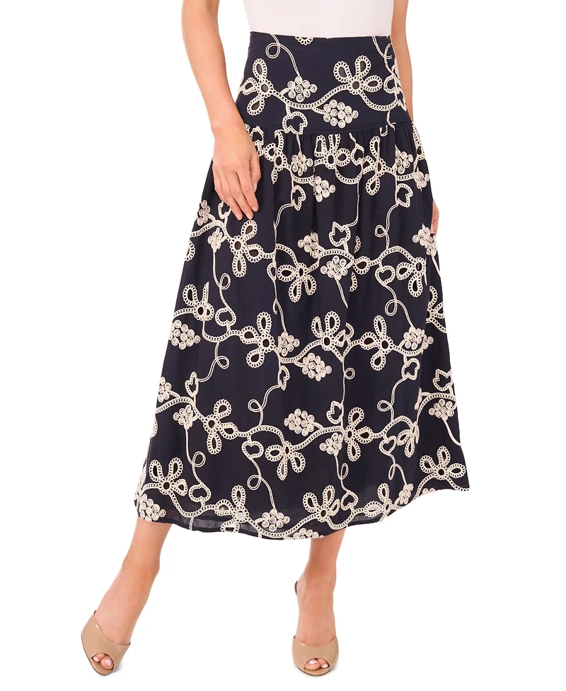 CeCe Women's Eyelet Embroidered Wide Yoke Midi Skirt