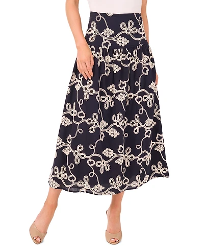 CeCe Women's Eyelet Embroidered Wide Yoke Midi Skirt
