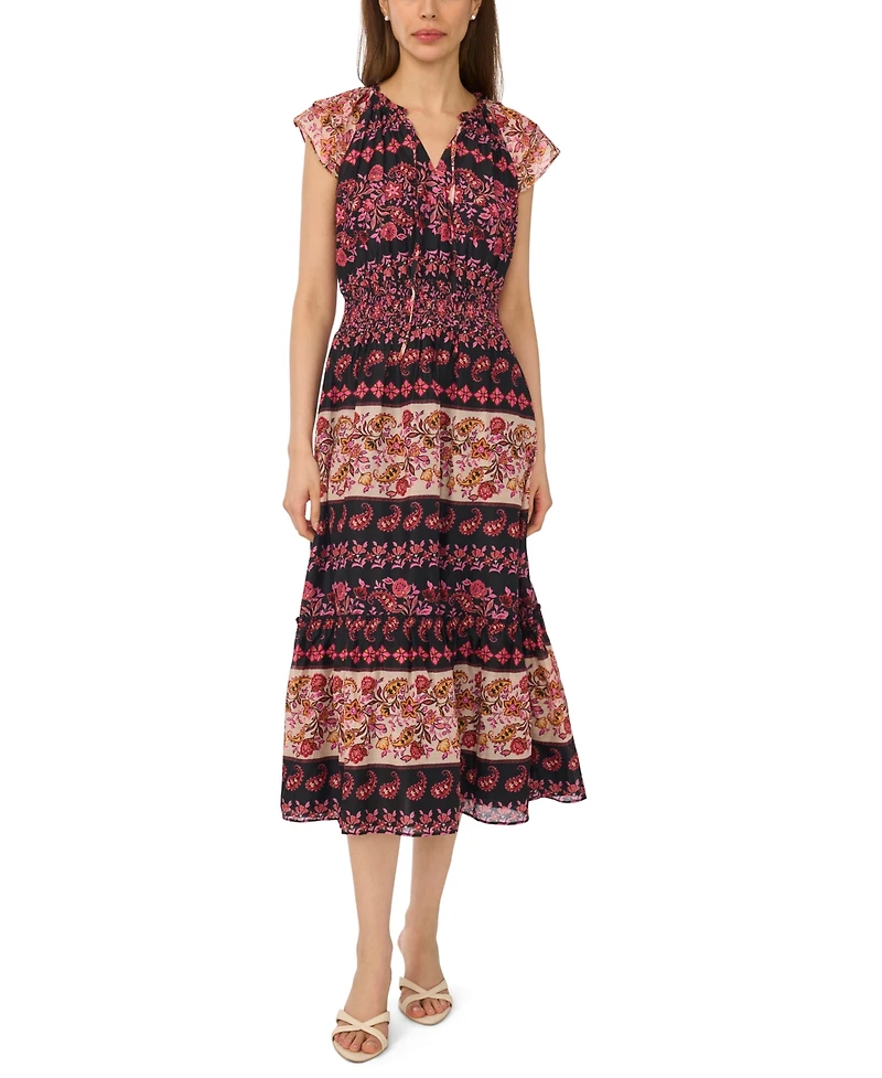 CeCe Women's Tie-Neck Smocked Waist Printed Dress