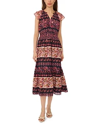 CeCe Women's Tie-Neck Smocked Waist Printed Dress