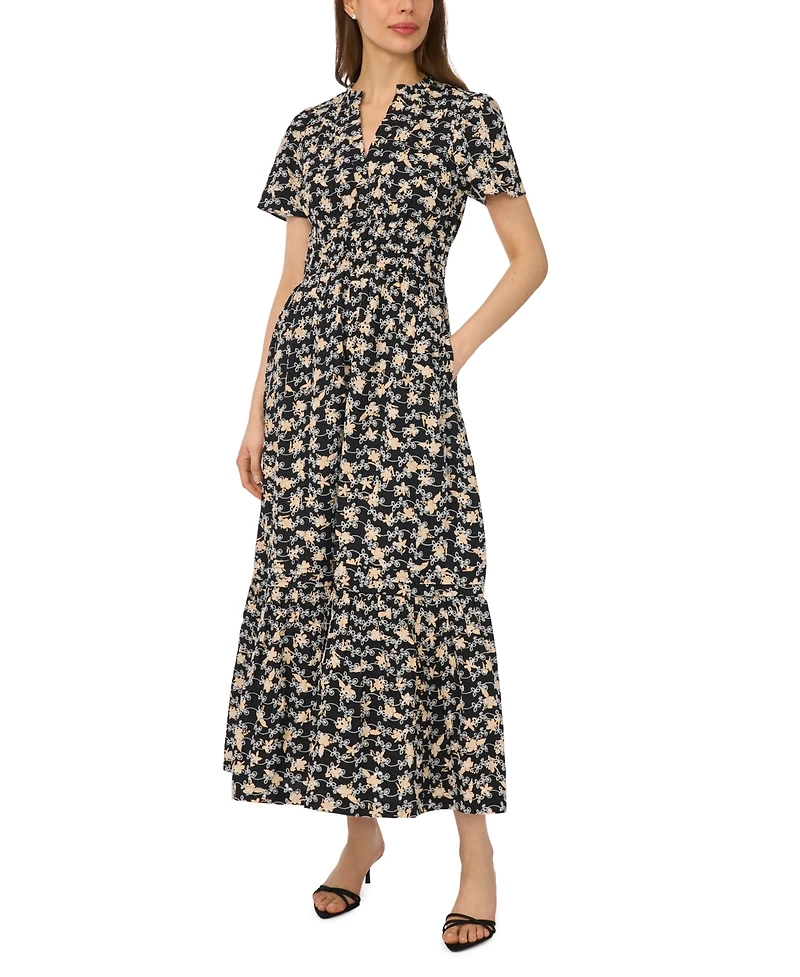 CeCe Women's Short-Sleeve V-Neck Printed Maxi Dress