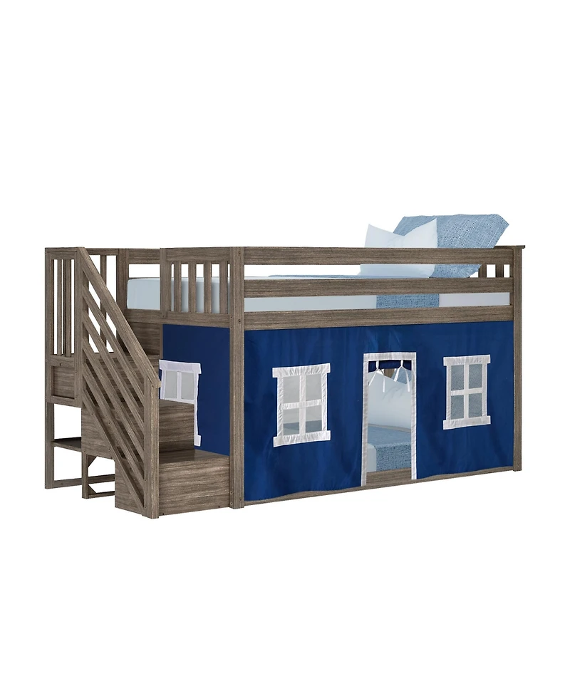 Max & Lily Twin Low Bunk Bed with Staircase and Curtains